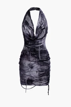 Halter Backless Distressed Mini Dress
