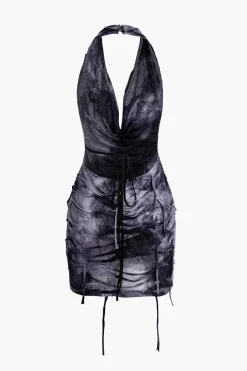 Halter Backless Distressed Mini Dress