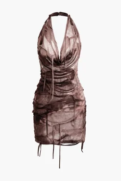 Halter Backless Distressed Mini Dress