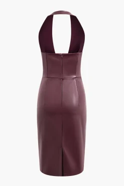 Halter Faux Leather Lace-Up Midi Dress