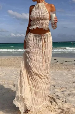 Halter Neck Tie Ruched Backless Ruffle Skirt Set