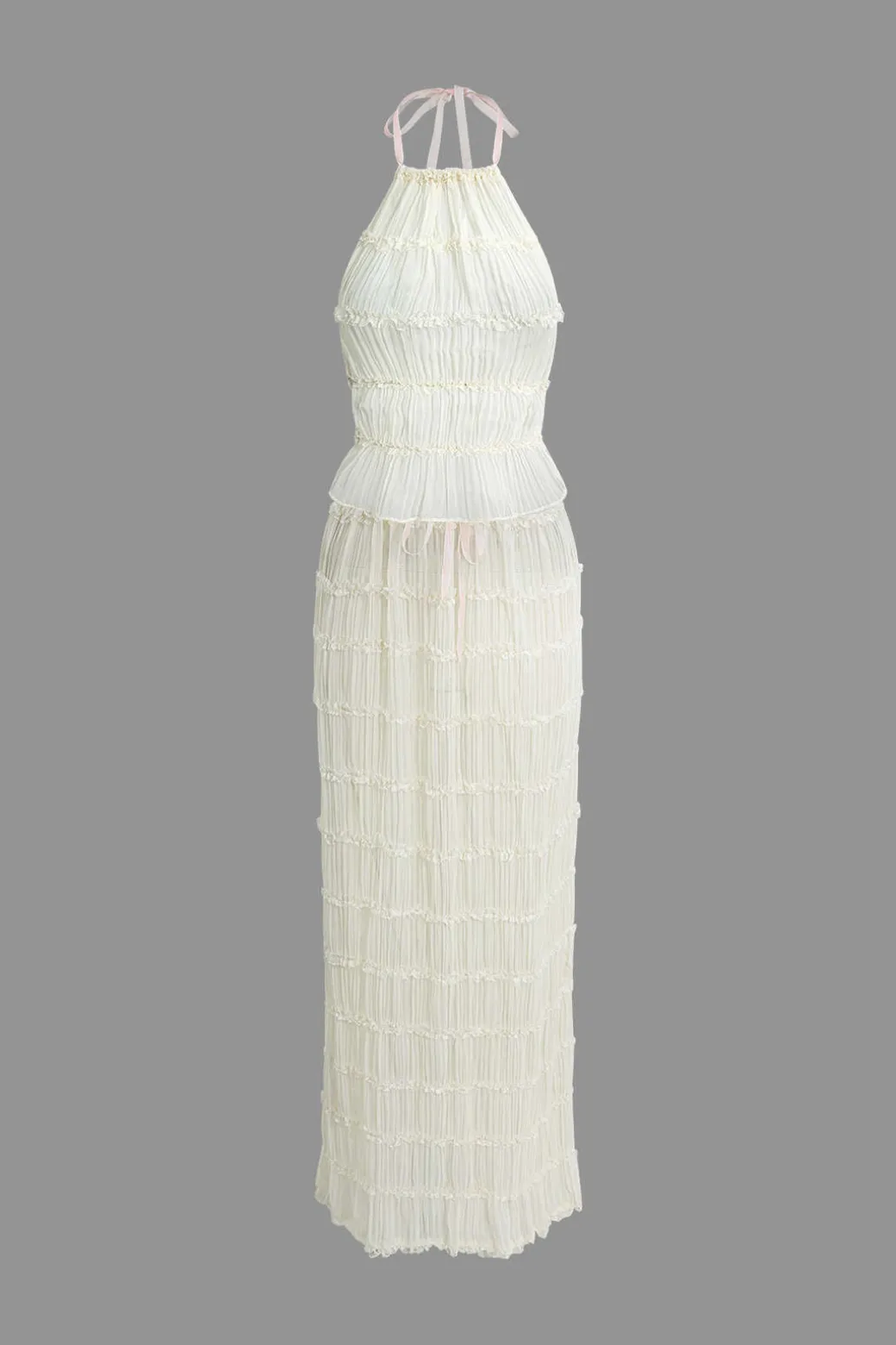 Halter Neck Tie Ruched Backless Ruffle Skirt Set