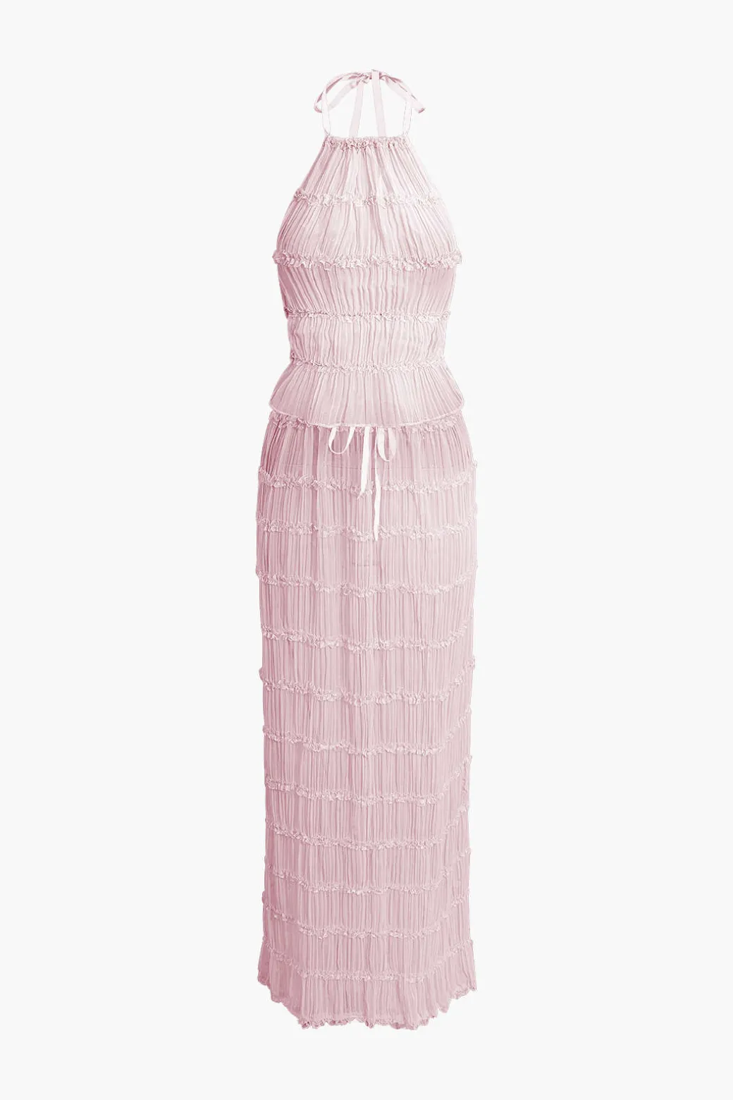 Halter Neck Tie Ruched Backless Ruffle Skirt Set