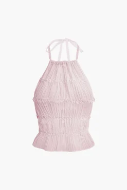 Halter Neck Tie Ruched Backless Ruffle Skirt Set