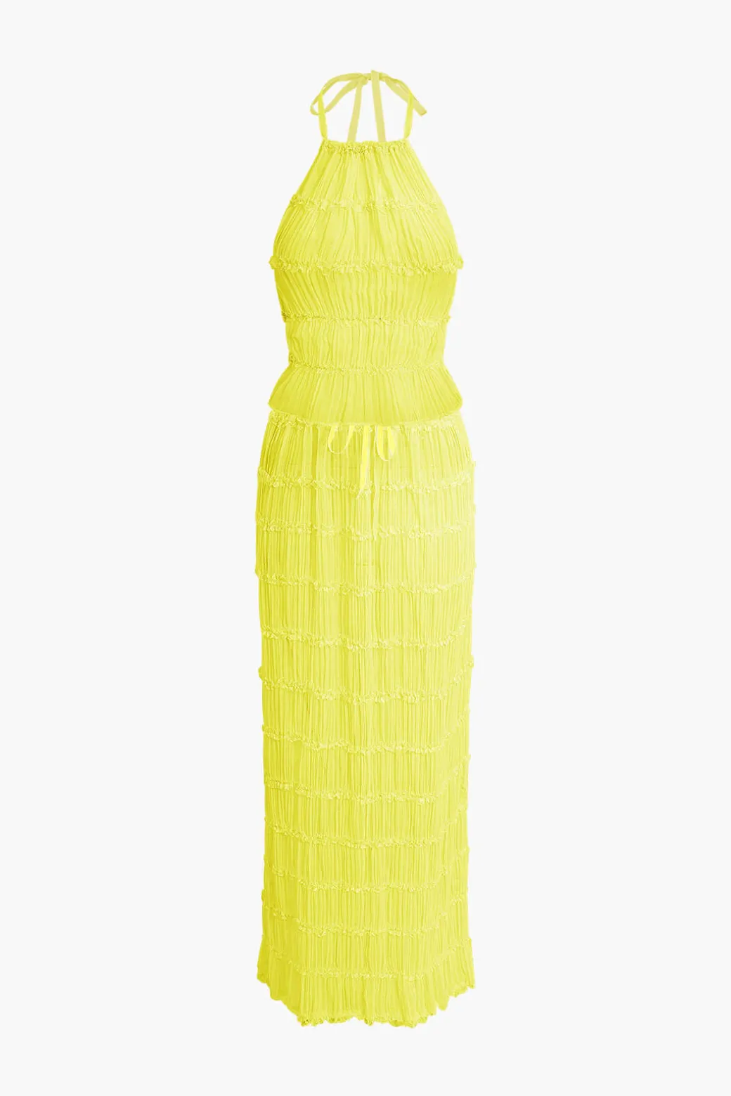 Halter Neck Tie Ruched Backless Ruffle Skirt Set
