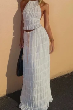 Halter Neck Tie Ruched Backless Ruffle Skirt Set
