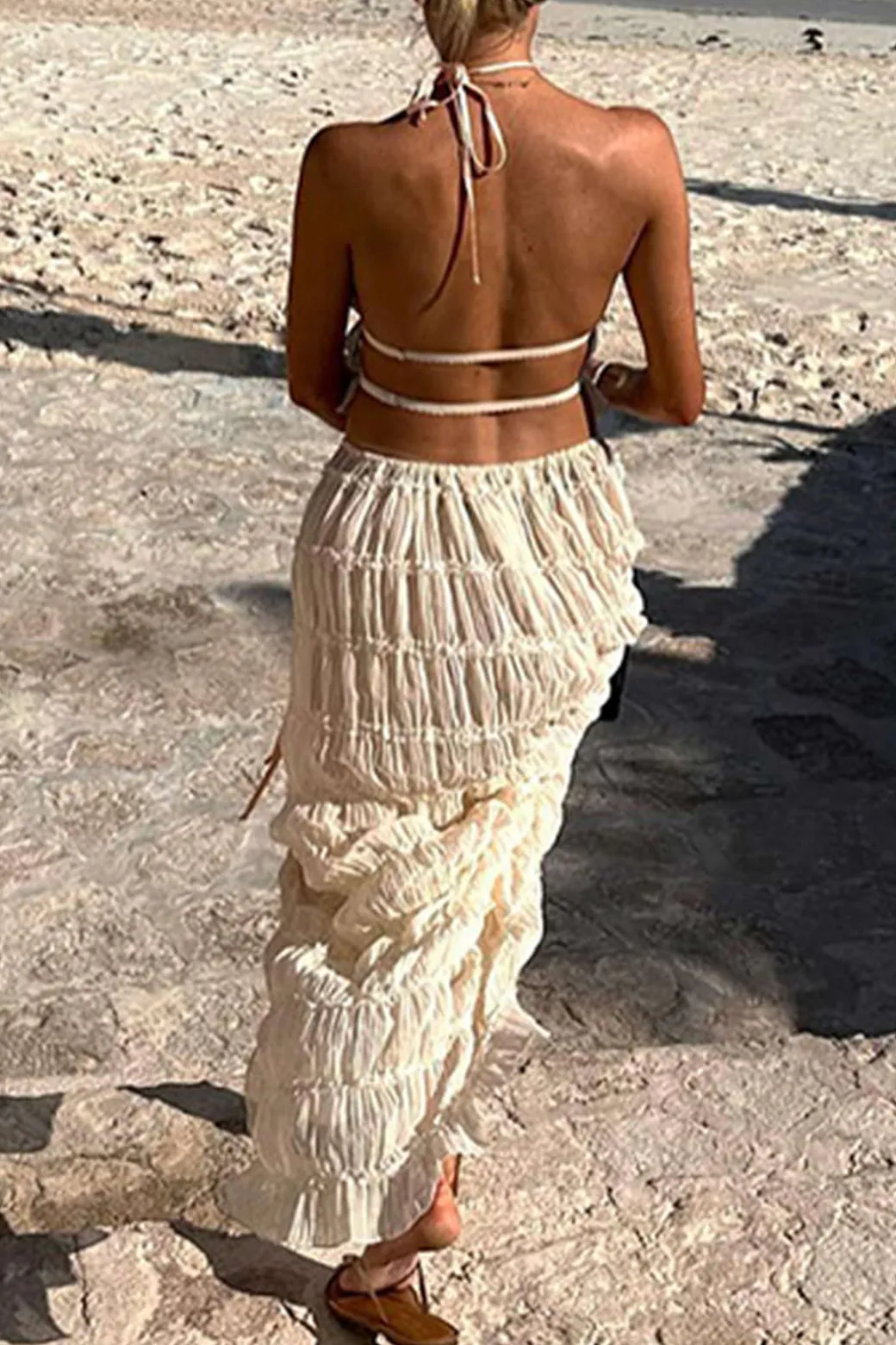 Halter Neck Tie Ruched Backless Ruffle Skirt Set