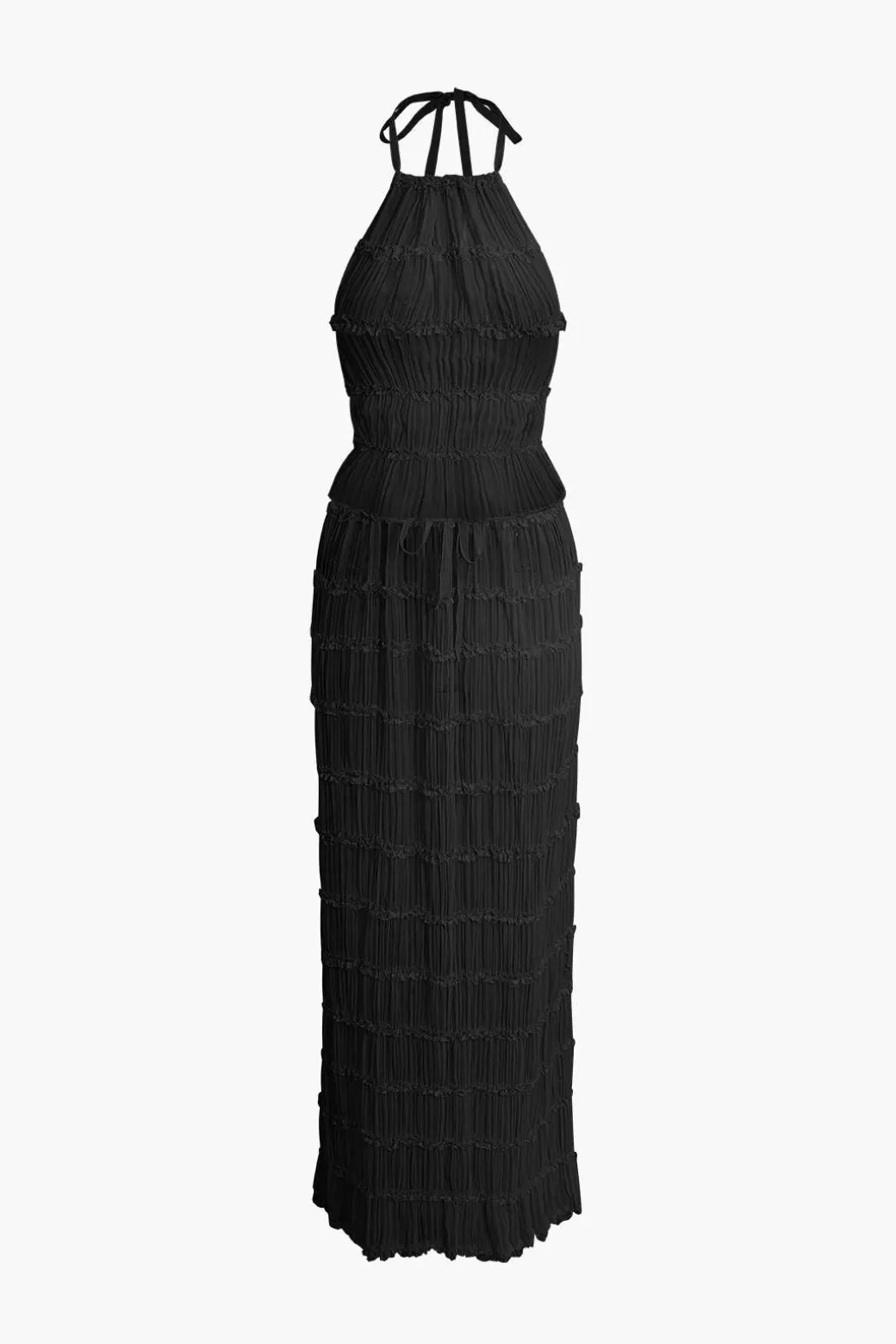 Halter Neck Tie Ruched Backless Ruffle Skirt Set