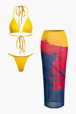 Halter Wrap Cover Up Three-Piece Bikini Set
