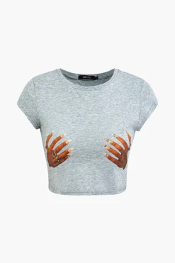 Hands Print Round Neck Crop T-shirt