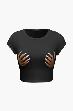 Hands Print Round Neck Crop T-shirt