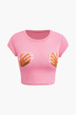 Hands Print Round Neck Crop T-shirt