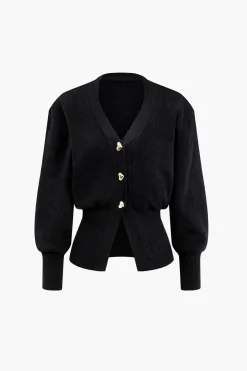 Heart Button Balloon Sleeve Sweater Cardigan