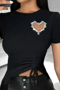 Heart Rhinestone Hollow Out Drawstring Ruched T-shirt