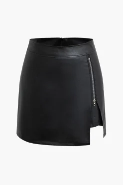 High Waist Faux Leather Zipper Mini Skirt