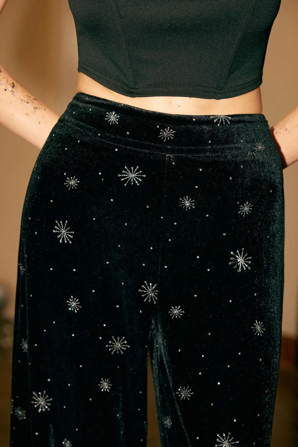 High Waist Velvet Snowflake Pattern Straight Leg Pants