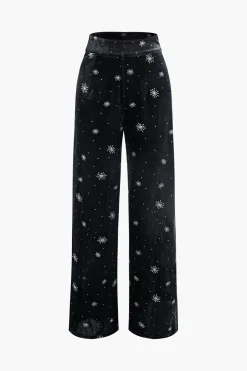 High Waist Velvet Snowflake Pattern Straight Leg Pants