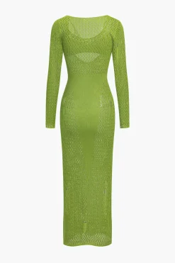 Hollow Out Long Sleeve Knit Maxi Dress With Bra Set