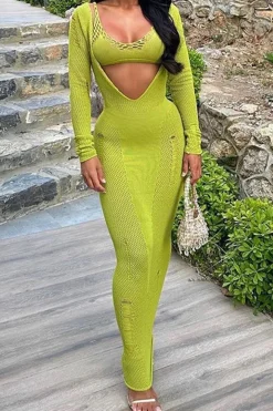Hollow Out Long Sleeve Knit Maxi Dress With Bra Set