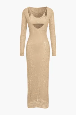Hollow Out Long Sleeve Knit Maxi Dress With Bra Set