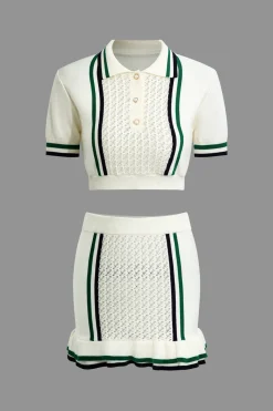 Hollow Out Polo Knit Crop Top And Skirt Set