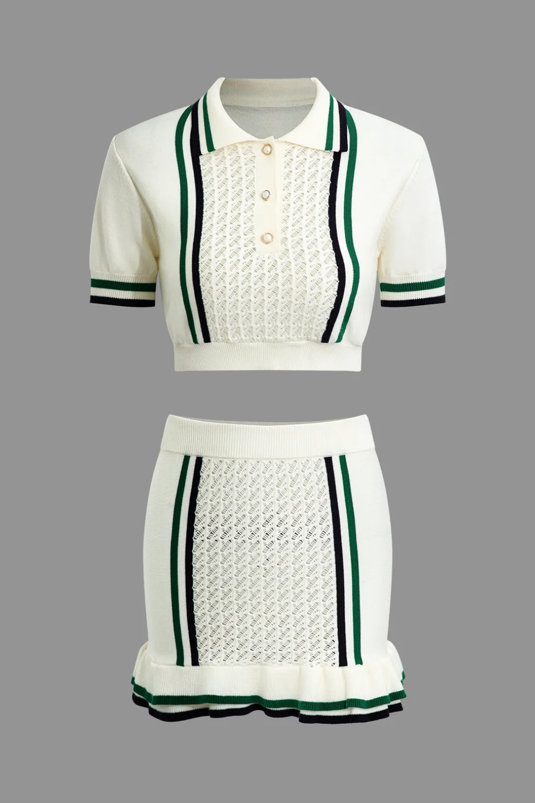 Hollow Out Polo Knit Crop Top And Skirt Set