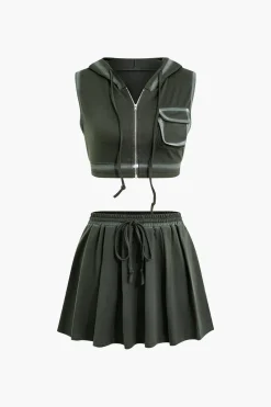 Hooded Crop Top And Drawstring Pleated Mini Skirt Set