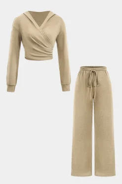 Hooded Ruched Cropped Top And Drawstring Straight Leg Pants Set