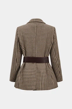 Houndstooth Notched Lapel Belted Blazer