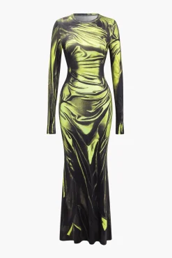 Illusion Pattern Print Long-Sleeve Maxi Dress