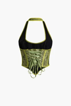 Jacquard Eyelet Tie Halter Corset Top