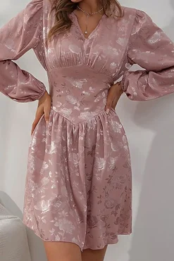 Jacquard Satin V Neck Buttons Long Sleeve Mini Dress