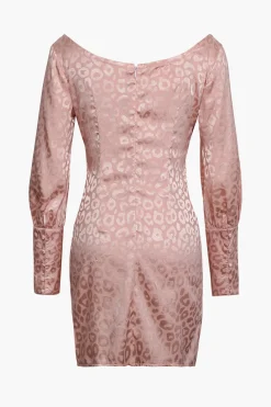 Jacquard Satin V Neck Buttons Long Sleeve Mini Dress