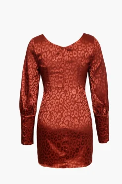Jacquard Satin V Neck Buttons Long Sleeve Mini Dress