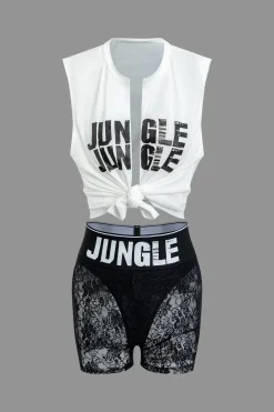 Jungle Print Knot Sleeveless Top And Lace Shorts Set