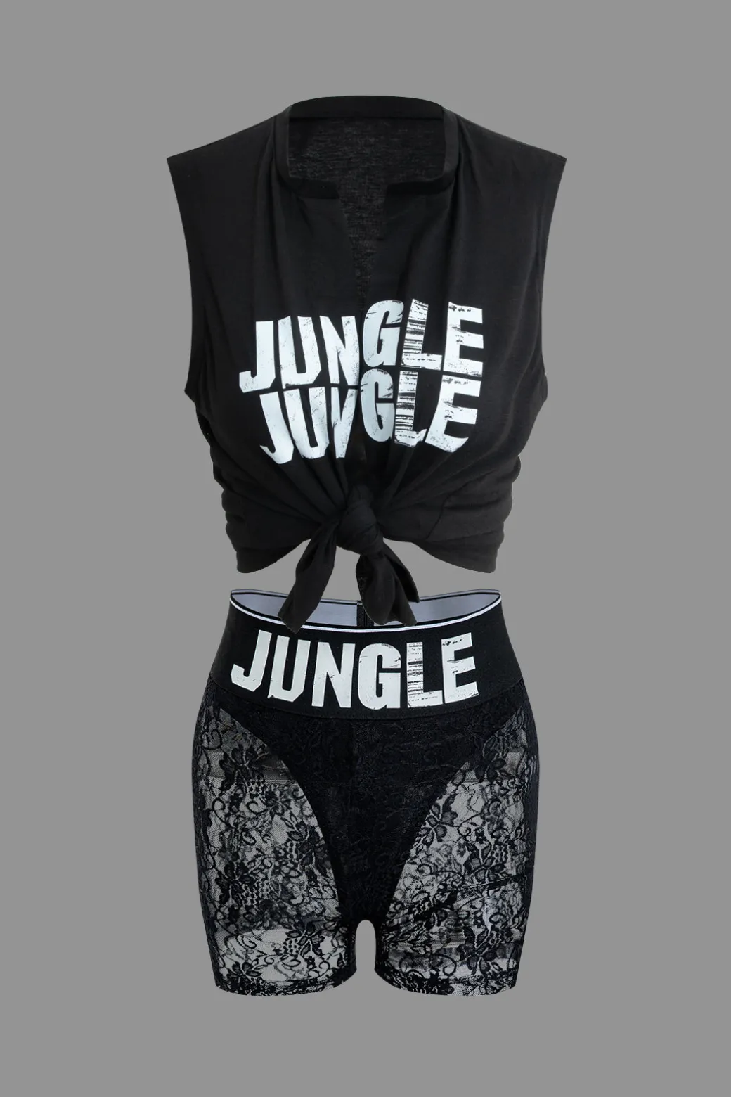 Jungle Print Knot Sleeveless Top And Lace Shorts Set