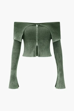 Knit Bell Sleeves Zipper Long-Sleeve Top
