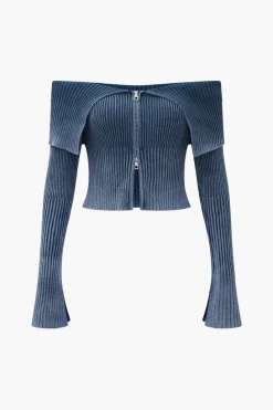 Knit Bell Sleeves Zipper Long-Sleeve Top