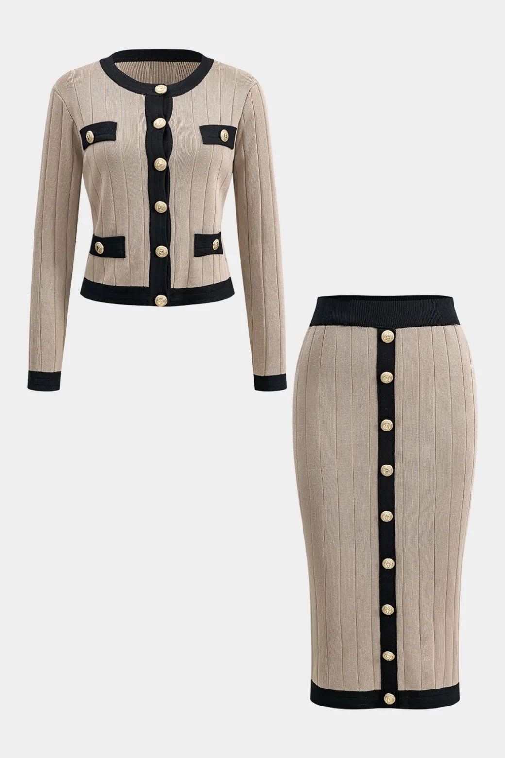 Knit Button Cardigan And Skirt Set