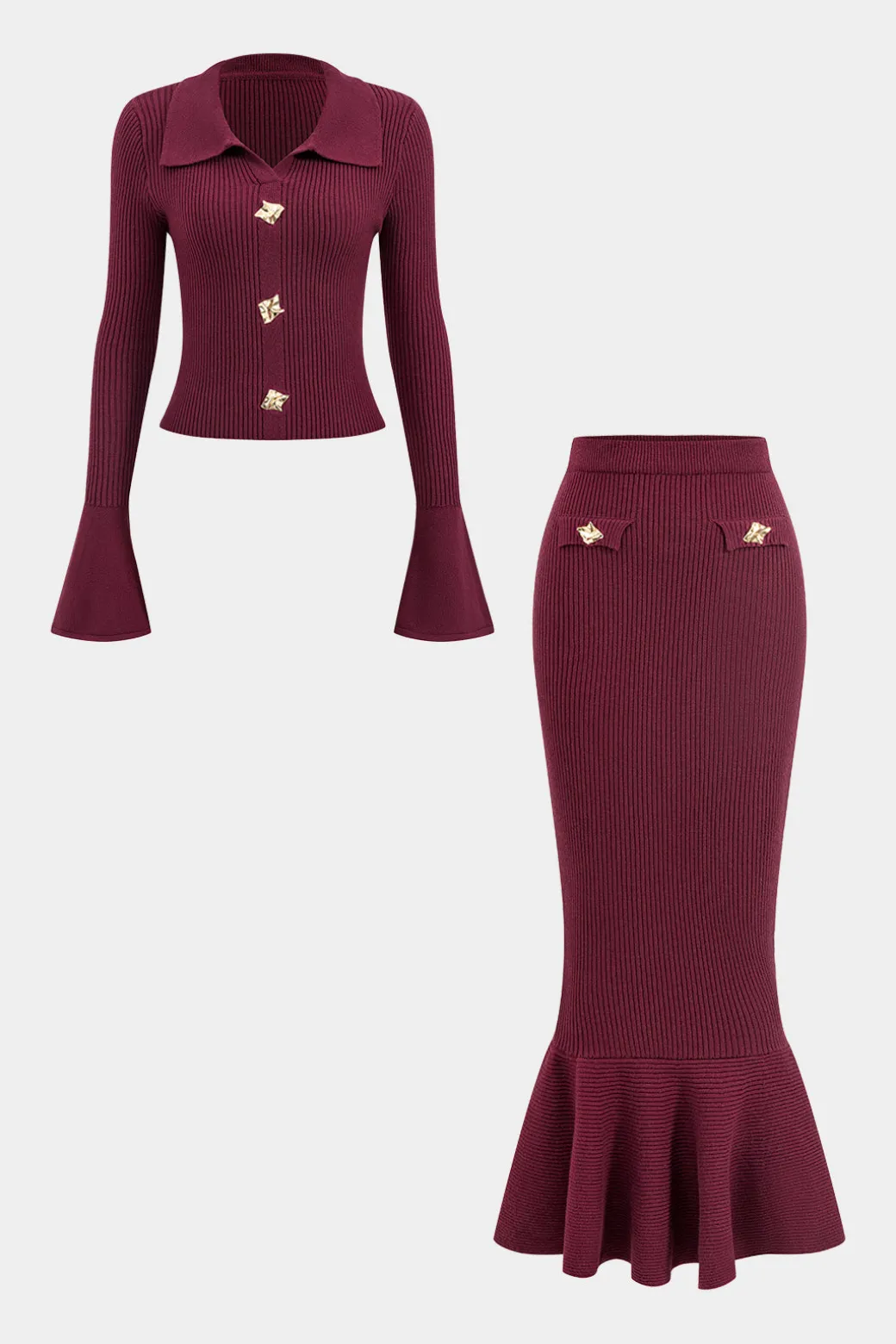 Knit Button Metallic Long-Sleeve Top And Maxi Skirt Set