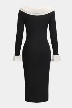Knit Button Puff Patchwork Long-Sleeve Dress