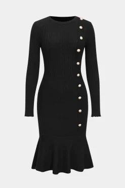 Knit Button Round Neck Long Sleeve Dress