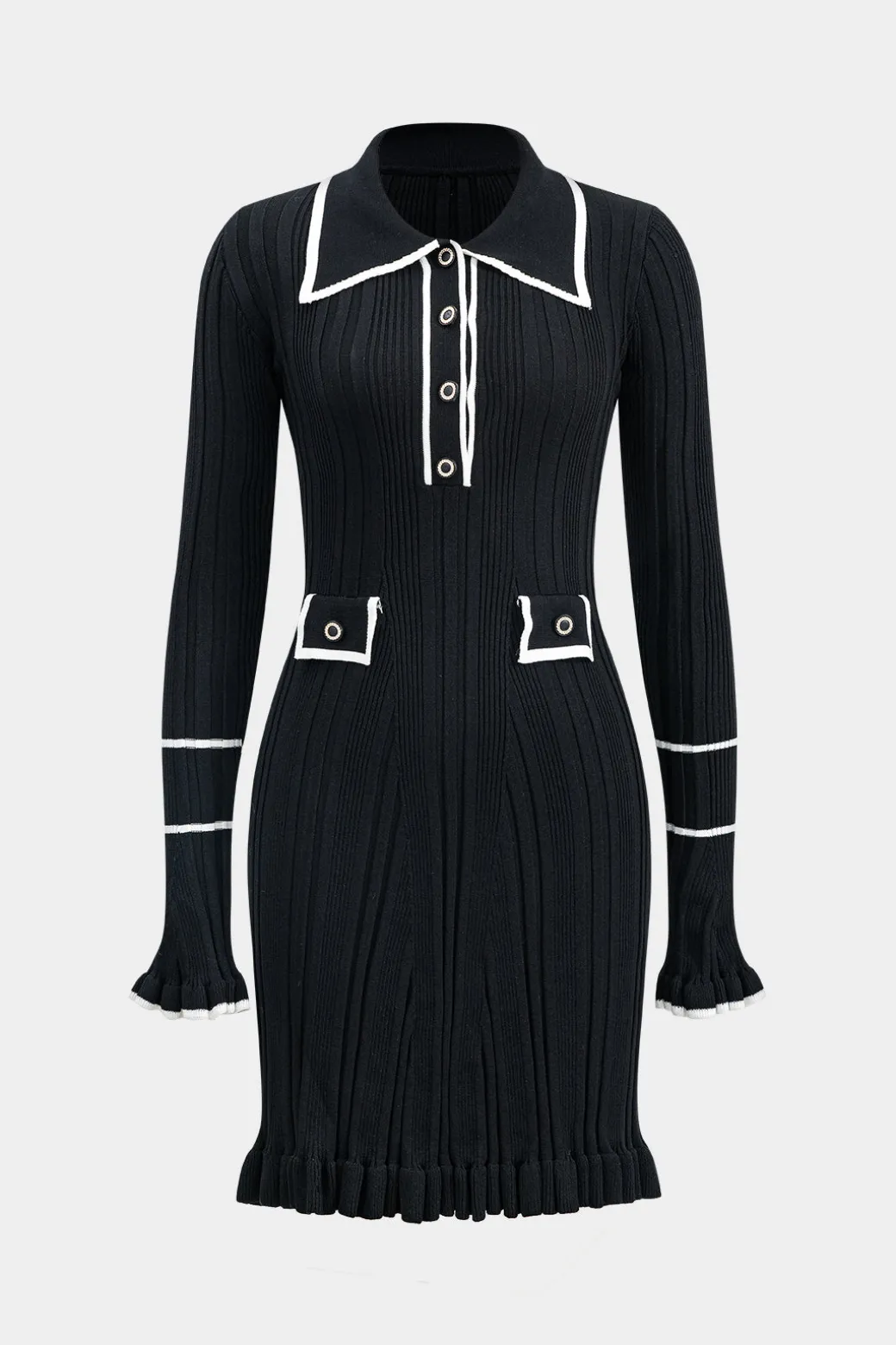 Knit Button Ruffles Bell Sleeve Mini Dress