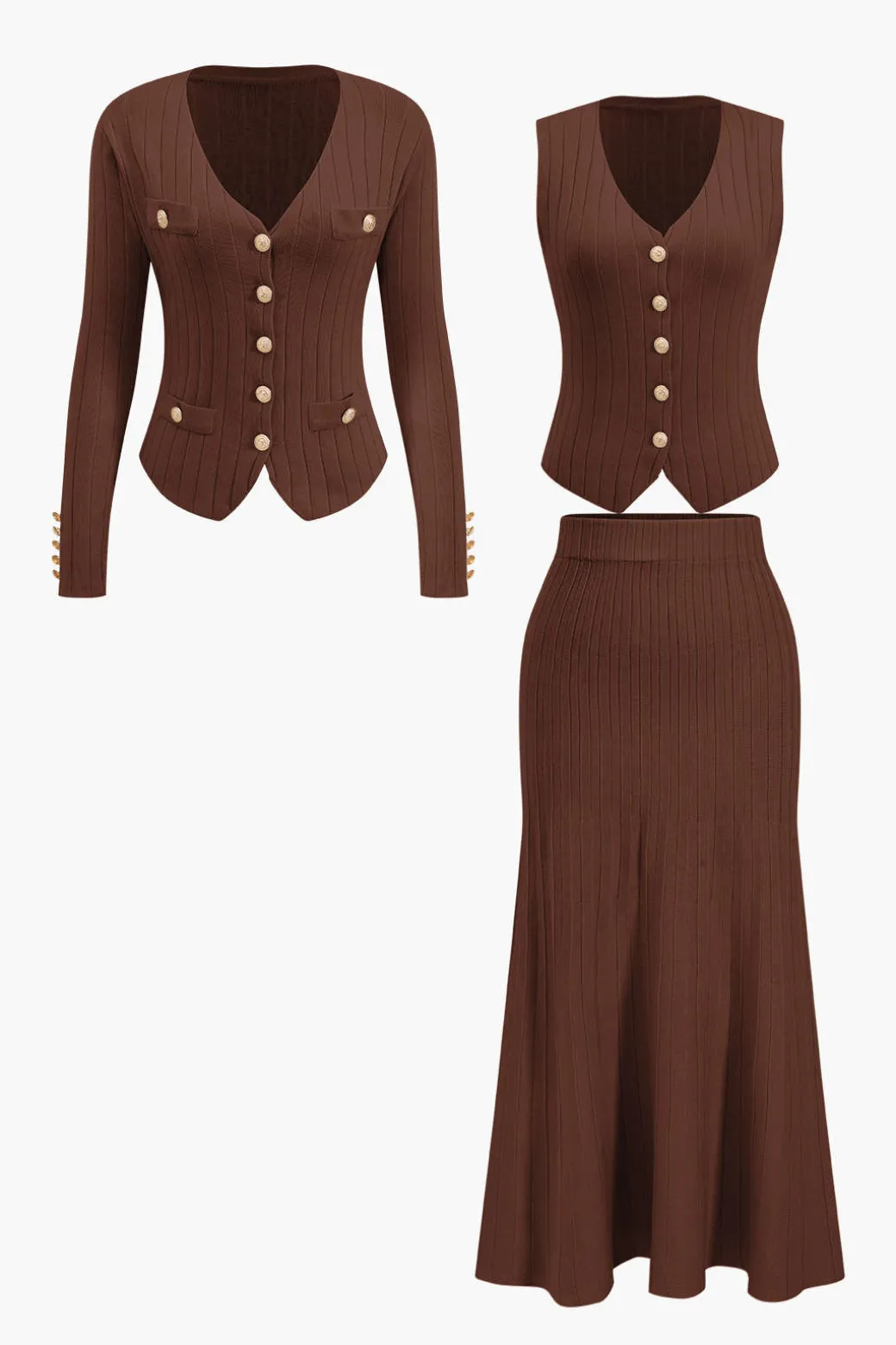 Knit Button Vest And Cardigan And Skirt Set