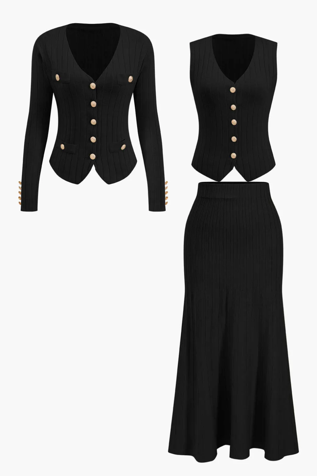 Knit Button Vest And Cardigan And Skirt Set