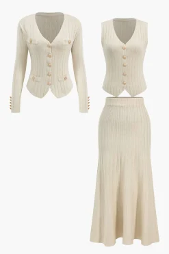 Knit Button Vest And Cardigan And Skirt Set