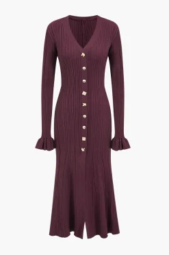 Knit Button V-Neck Dress