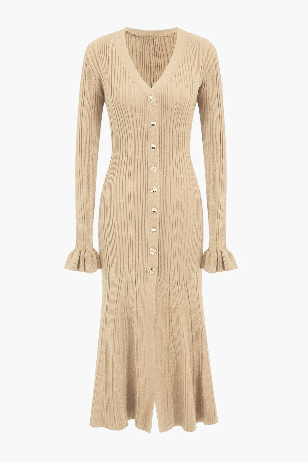 Knit Button V-Neck Dress