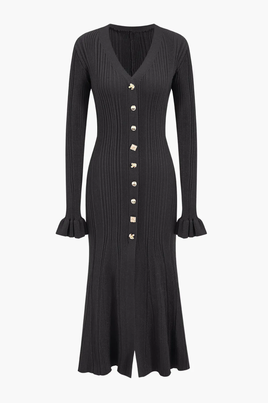 Knit Button V-Neck Dress