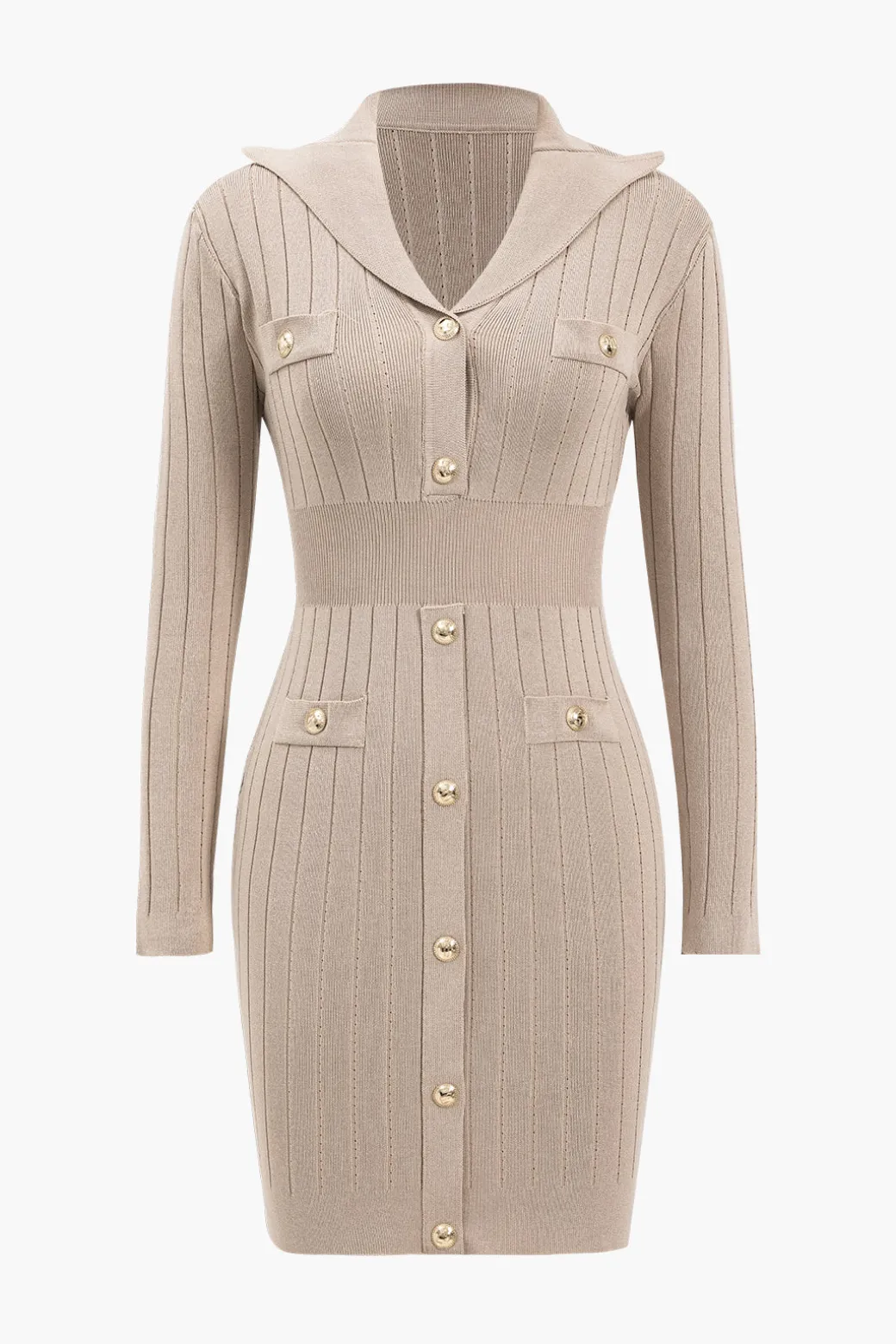 Knit Button V-Neck Hollow Out Long Sleeve Dress